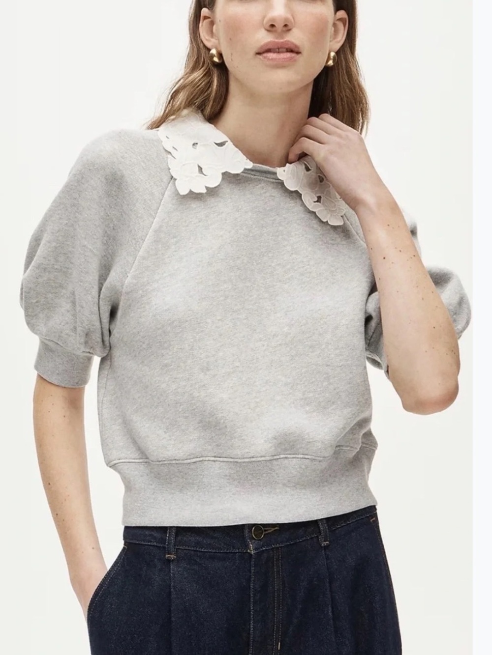 J. Crew Light Gray Puff-Sleeve Sweatshirt with White Floral Collar
